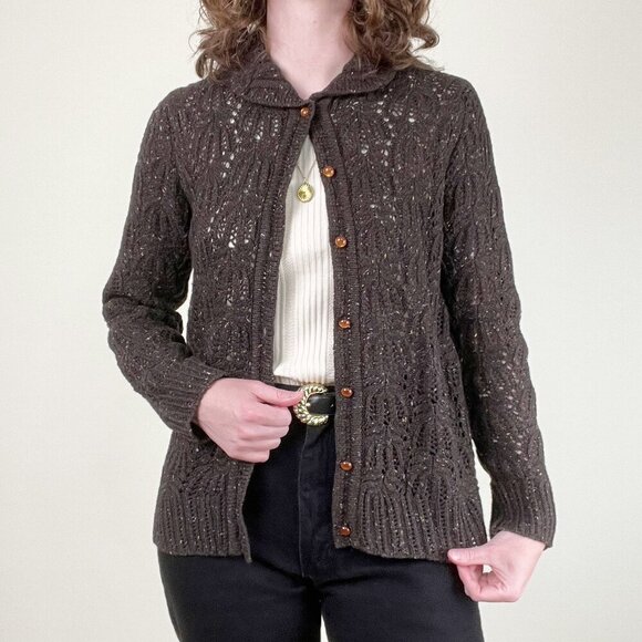 Vintage Sweaters - Vintage Wool Blend Cardigan Sweater Open Knit Cottagecore Rustic Cozy Romantic